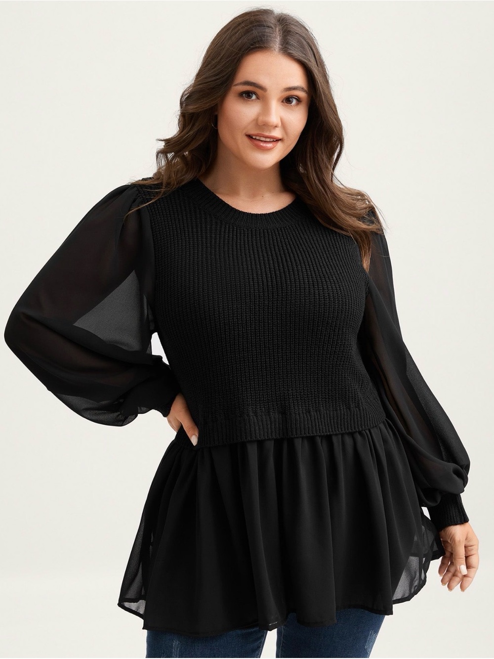 BloomChic Black Mixed-Media Knit & Sheer Peplum Top